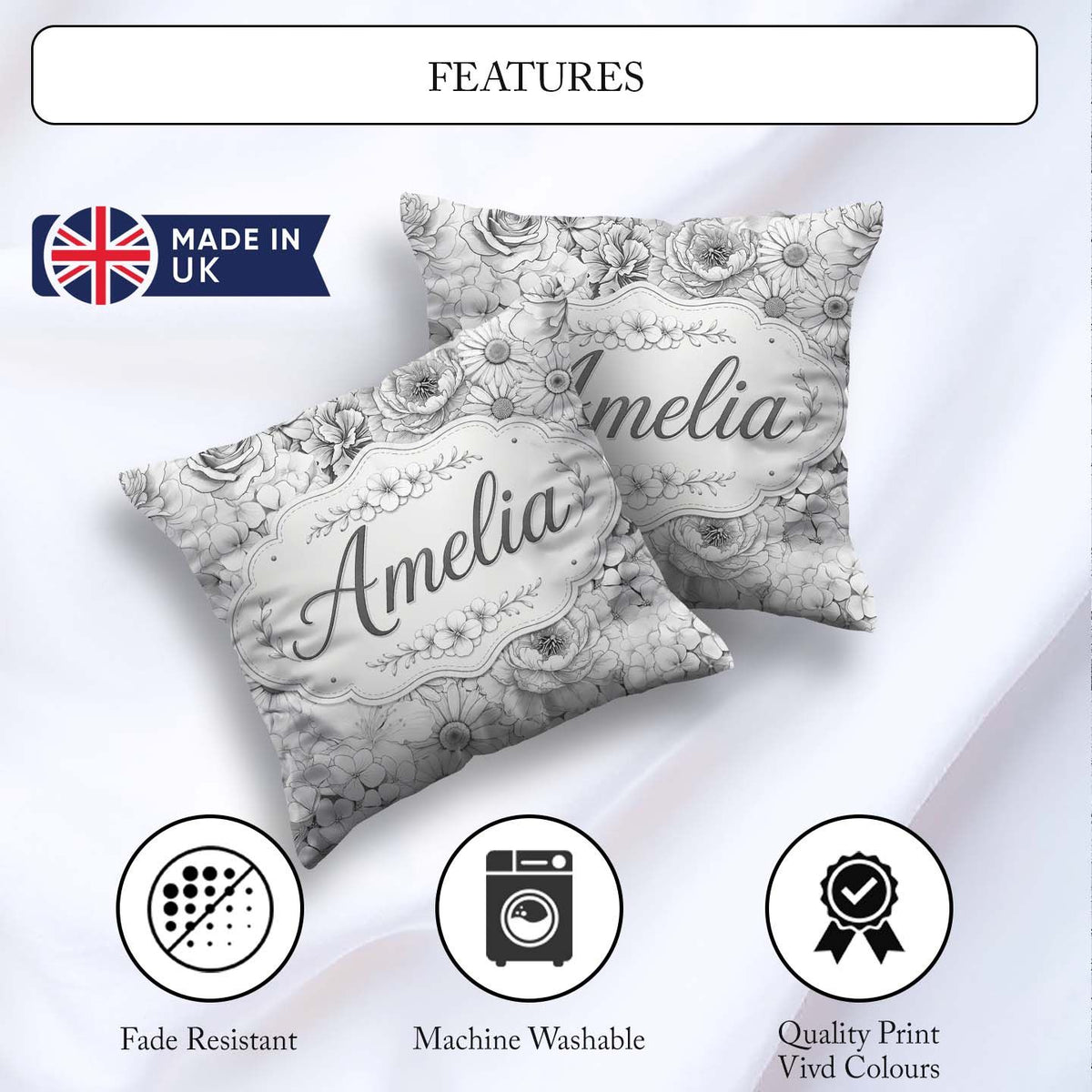 Custom Name Elegant Monochrome Floral Bouquet Pattern with Roses Square Filled Cushion Throw Pillow Sofa Bed Home Decor Zip Washable UK Made