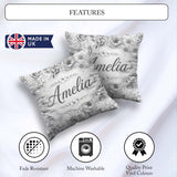 Custom Name Elegant Monochrome Floral Bouquet Pattern with Roses Square Filled Cushion Throw Pillow Sofa Bed Home Decor Zip Washable UK Made