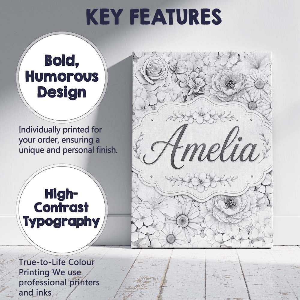 Personalised Name Elegant Monochrome Floral Custom  Bespoke Interior Contemporary Canvas Wall Art Print Decor Picture Ready to Hang