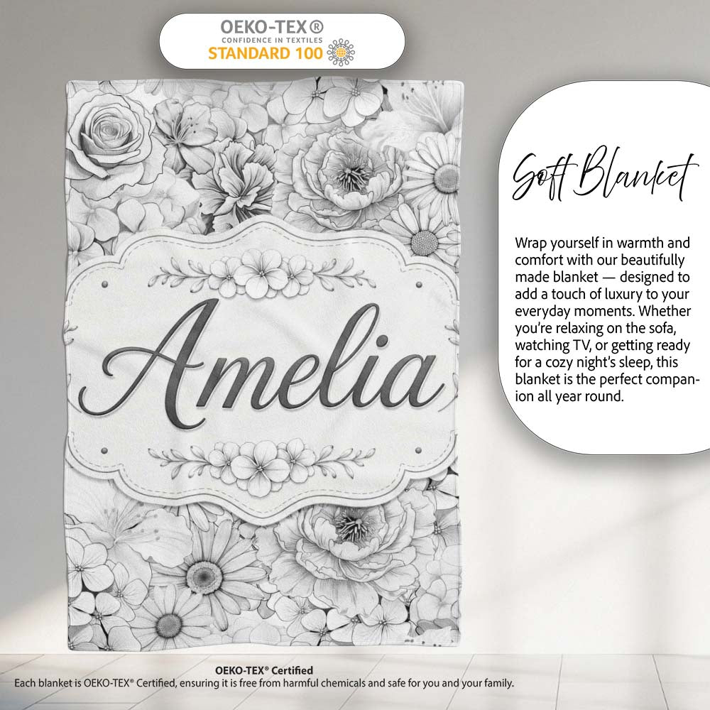 Elegant Monochrome Floral Bouquet Pattern with Roses Peonies and  Personalised Custom Name Super Soft Fleece Blanket Bed Sofa Throw