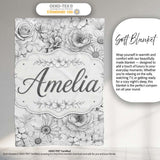 Elegant Monochrome Floral Bouquet Pattern with Roses Peonies and  Personalised Custom Name Super Soft Fleece Blanket Bed Sofa Throw