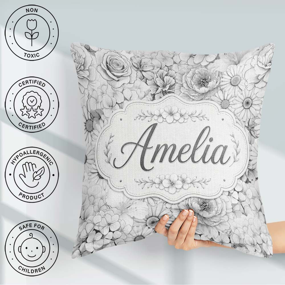 Custom Name Elegant Monochrome Floral Bouquet Pattern with Roses Square Filled Cushion Throw Pillow Sofa Bed Home Decor Zip Washable UK Made