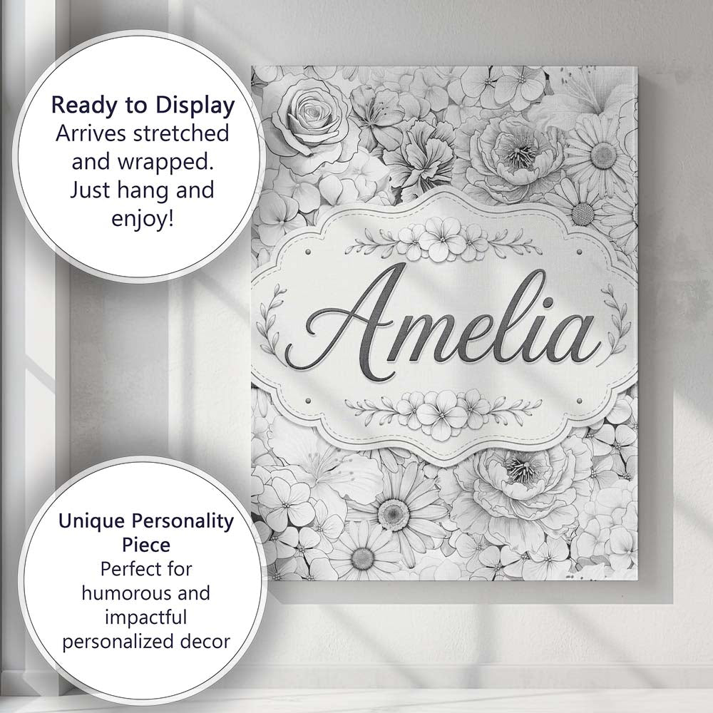 Personalised Name Elegant Monochrome Floral Custom  Bespoke Interior Contemporary Canvas Wall Art Print Decor Picture Ready to Hang