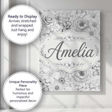 Personalised Name Elegant Monochrome Floral Custom  Bespoke Interior Contemporary Canvas Wall Art Print Decor Picture Ready to Hang