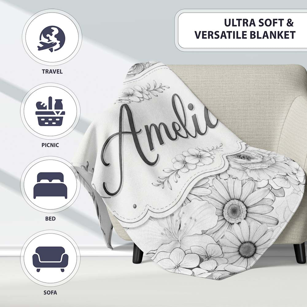 Elegant Monochrome Floral Bouquet Pattern with Roses Peonies and  Personalised Custom Name Super Soft Fleece Blanket Bed Sofa Throw