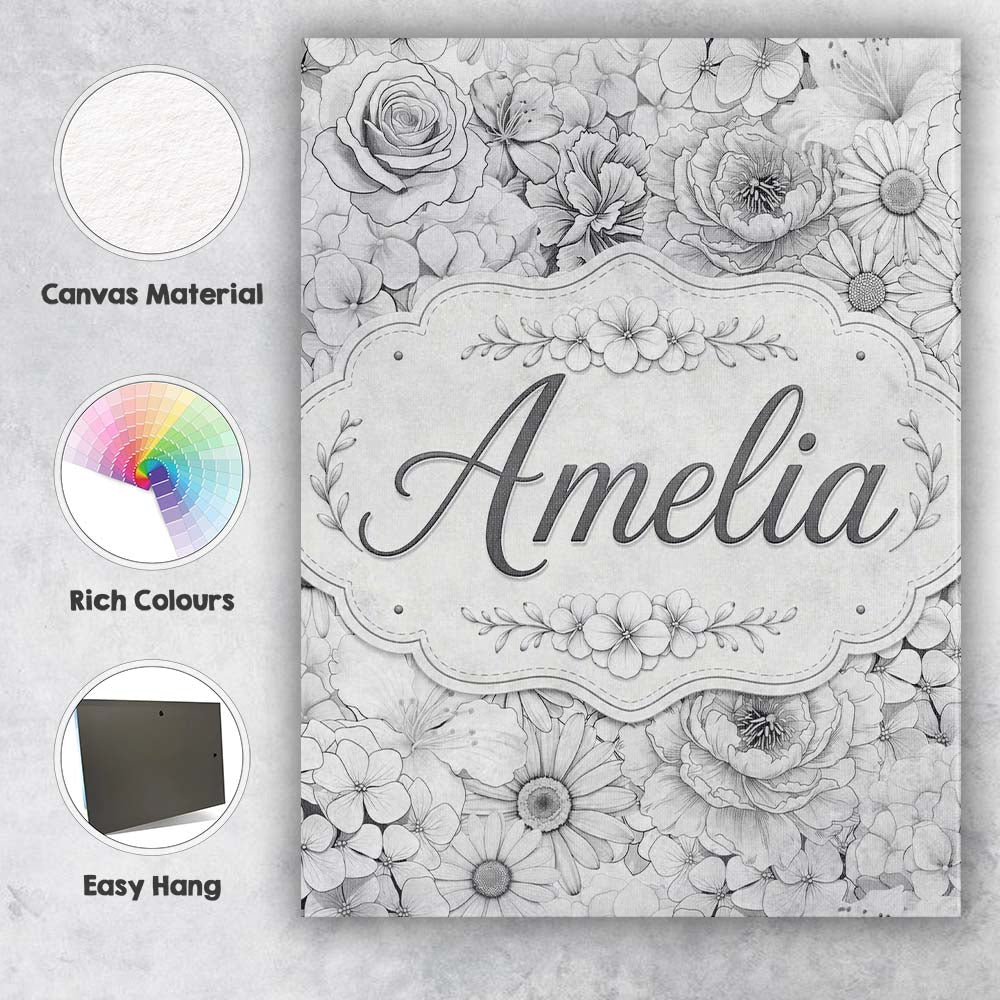 Personalised Name Elegant Monochrome Floral Custom  Bespoke Interior Contemporary Canvas Wall Art Print Decor Picture Ready to Hang