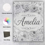Personalised Name Elegant Monochrome Floral Custom  Bespoke Interior Contemporary Canvas Wall Art Print Decor Picture Ready to Hang