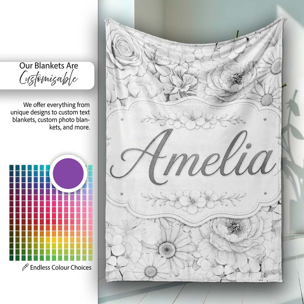 Elegant Monochrome Floral Bouquet Pattern with Roses Peonies and  Personalised Custom Name Super Soft Fleece Blanket Bed Sofa Throw