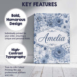 Personalised Name Soft Blue Toned Floral Custom  Unique Gift Idea Elegant Feature Canvas Wall Art Print Decor Picture Ready to Hang