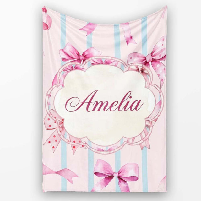Watercolor Pink Ribbon Bow Seamless Pattern with Blue Stripes Lovely  Personalised Custom Name Super Soft Fleece Blanket Bed Sofa Throw