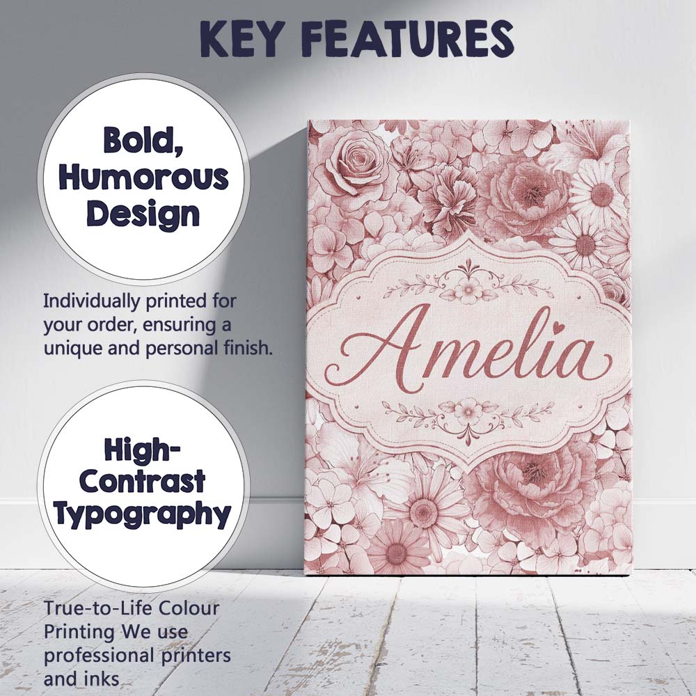 Personalised Name Warm Blush Pink Floral Custom  Unique Gift Idea Elegant Feature Canvas Wall Art Print Decor Picture Ready to Hang