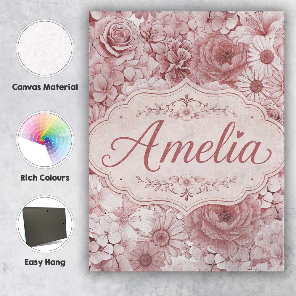 Personalised Name Warm Blush Pink Floral Custom  Unique Gift Idea Elegant Feature Canvas Wall Art Print Decor Picture Ready to Hang