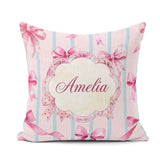 Custom Name Watercolor Pink Ribbon Bow Pattern with Blue Stripes Square Filled Cushion Throw Pillow Sofa Bed Home Decor Zip Washable UK Made