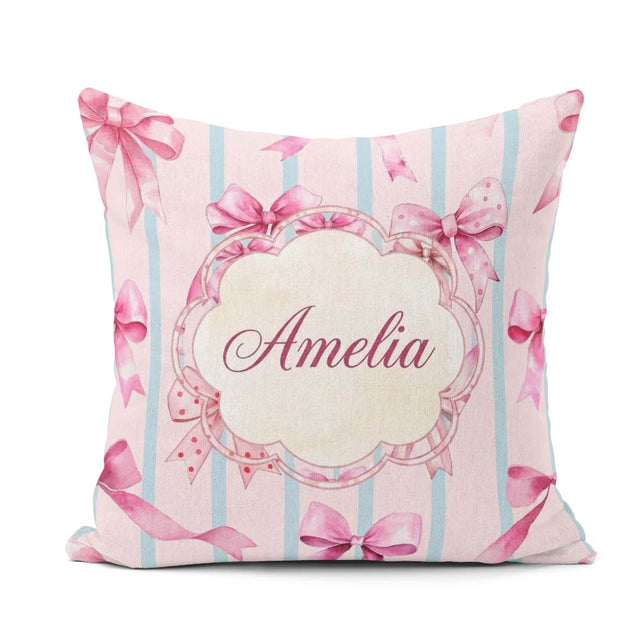 Custom Name Watercolor Pink Ribbon Bow Pattern with Blue Stripes Square Filled Cushion Throw Pillow Sofa Bed Home Decor Zip Washable UK Made