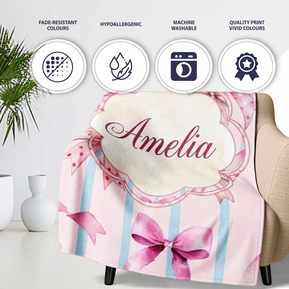 Watercolor Pink Ribbon Bow Seamless Pattern with Blue Stripes Lovely  Personalised Custom Name Super Soft Fleece Blanket Bed Sofa Throw