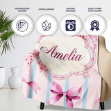 Watercolor Pink Ribbon Bow Seamless Pattern with Blue Stripes Lovely  Personalised Custom Name Super Soft Fleece Blanket Bed Sofa Throw