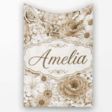Vintage Sepia Floral Bouquet Seamless Pattern with Roses Peonies and  Personalised Custom Name Super Soft Fleece Blanket Bed Sofa Throw