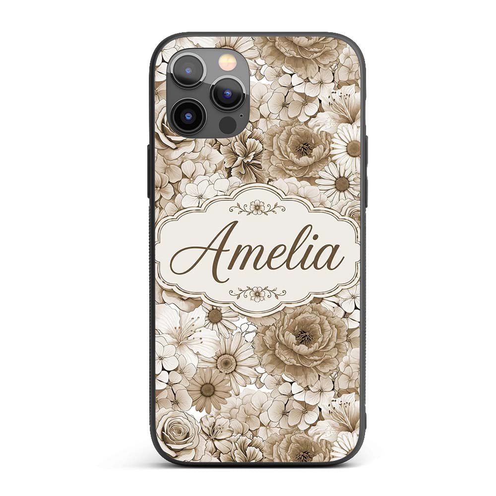 Vintage Sepia Floral Bouquet Seamless Pattern Custom Name Protective Phone Case Mobile Cover Durable Everyday Smartphone Shock Resistant