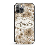 Vintage Sepia Floral Bouquet Seamless Pattern Custom Name Protective Phone Case Mobile Cover Durable Everyday Smartphone Shock Resistant