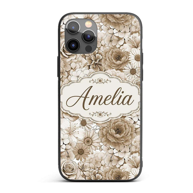 Vintage Sepia Floral Bouquet Seamless Pattern Custom Name Protective Phone Case Mobile Cover Durable Everyday Smartphone Shock Resistant