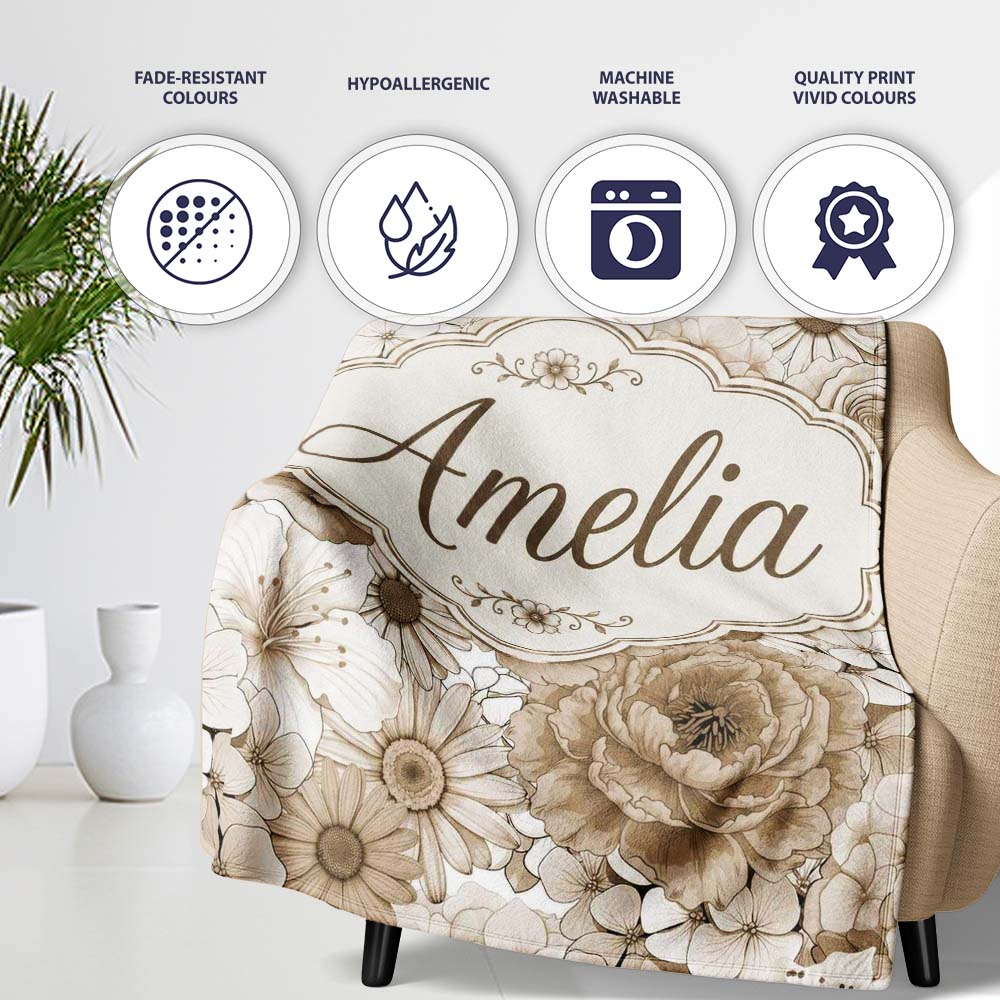 Vintage Sepia Floral Bouquet Seamless Pattern with Roses Peonies and  Personalised Custom Name Super Soft Fleece Blanket Bed Sofa Throw
