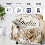Vintage Sepia Floral Bouquet Seamless Pattern with Roses Peonies and  Personalised Custom Name Super Soft Fleece Blanket Bed Sofa Throw