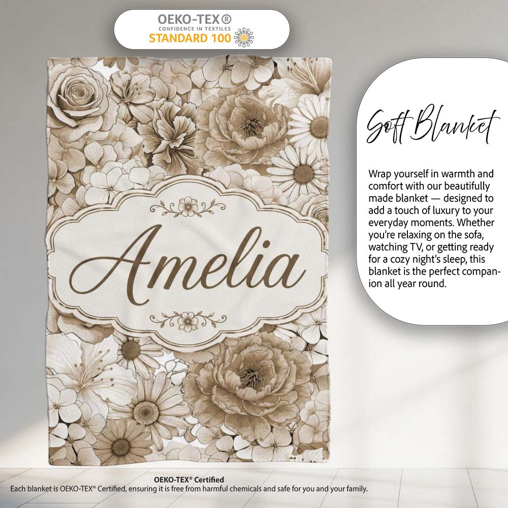 Vintage Sepia Floral Bouquet Seamless Pattern with Roses Peonies and  Personalised Custom Name Super Soft Fleece Blanket Bed Sofa Throw