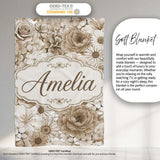 Vintage Sepia Floral Bouquet Seamless Pattern with Roses Peonies and  Personalised Custom Name Super Soft Fleece Blanket Bed Sofa Throw