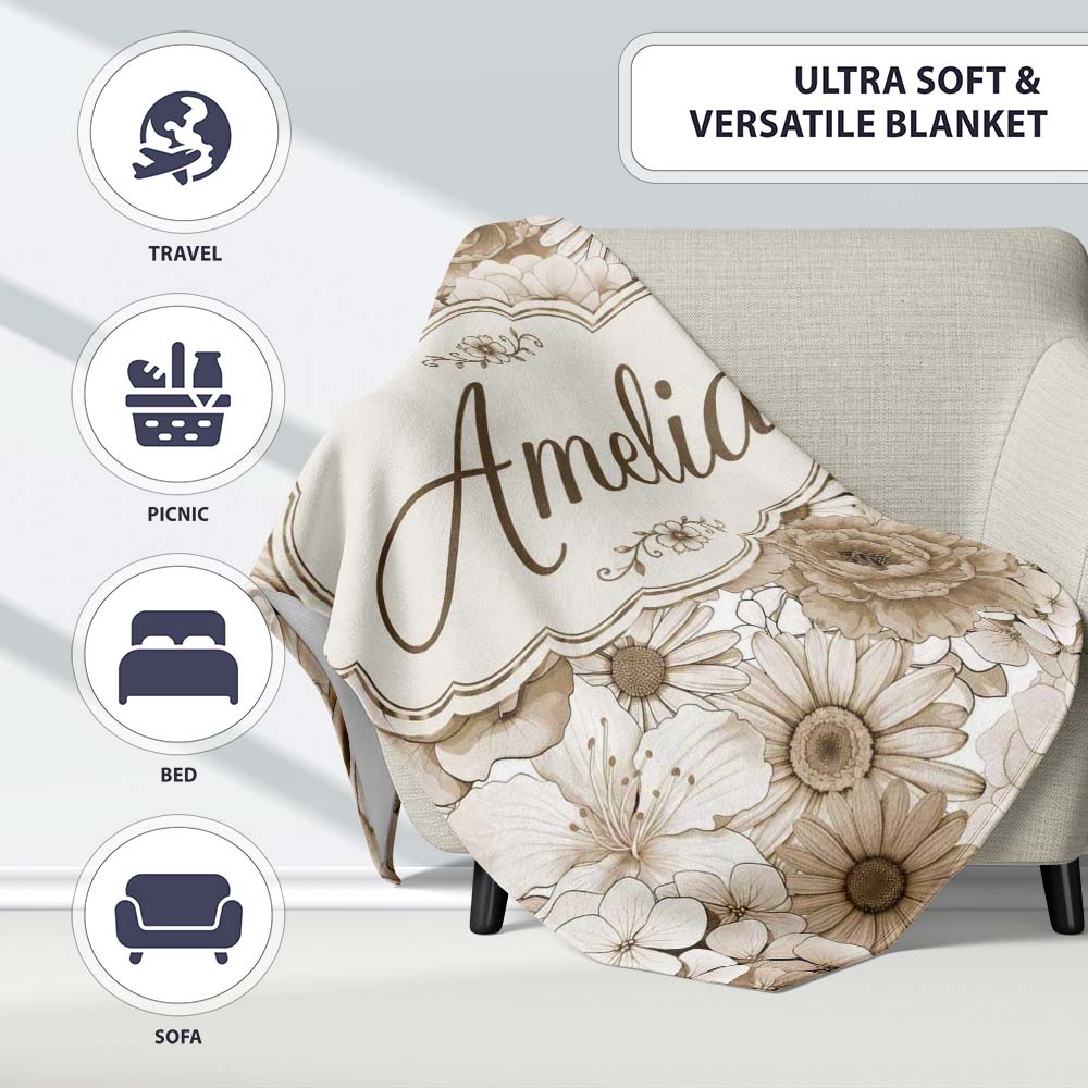 Vintage Sepia Floral Bouquet Seamless Pattern with Roses Peonies and  Personalised Custom Name Super Soft Fleece Blanket Bed Sofa Throw