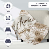 Vintage Sepia Floral Bouquet Seamless Pattern with Roses Peonies and  Personalised Custom Name Super Soft Fleece Blanket Bed Sofa Throw