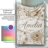 Vintage Sepia Floral Bouquet Seamless Pattern with Roses Peonies and  Personalised Custom Name Super Soft Fleece Blanket Bed Sofa Throw