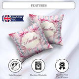 Custom Name Watercolor Pink Ribbon Bow Pattern with Blue Stripes Square Filled Cushion Throw Pillow Sofa Bed Home Decor Zip Washable UK Made
