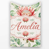 Coral Protea Flowers with Green Leaves Seamless Botanical Pattern  Personalised Custom Name Super Soft Fleece Blanket Bed Sofa Throw