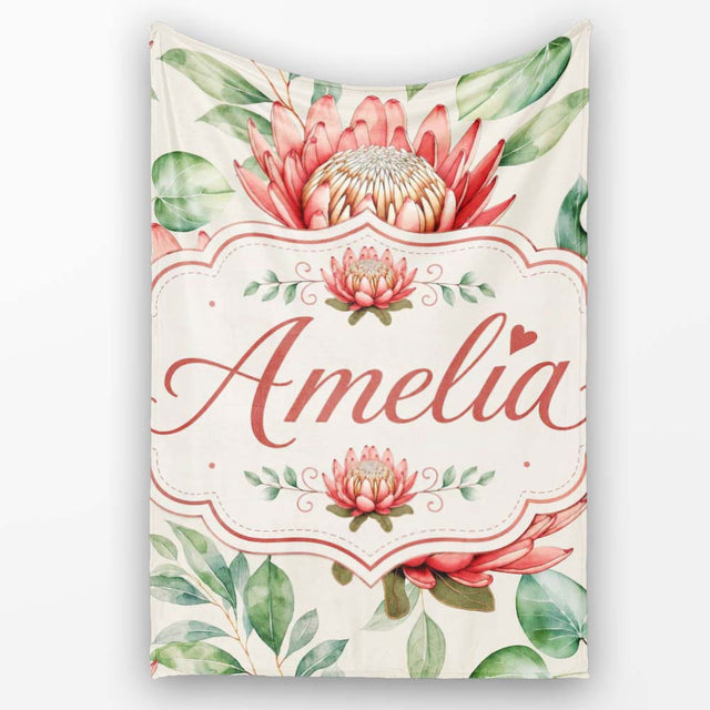 Coral Protea Flowers with Green Leaves Seamless Botanical Pattern  Personalised Custom Name Super Soft Fleece Blanket Bed Sofa Throw