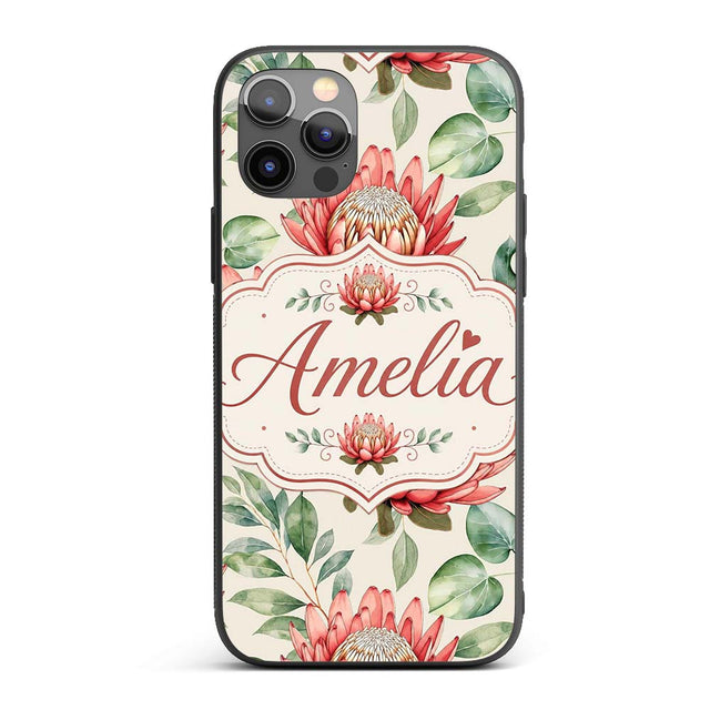 Coral Protea Flowers with Green Leaves Seamless Custom Name Protective Phone Case Mobile Cover Durable Everyday Smartphone Shock Resistant