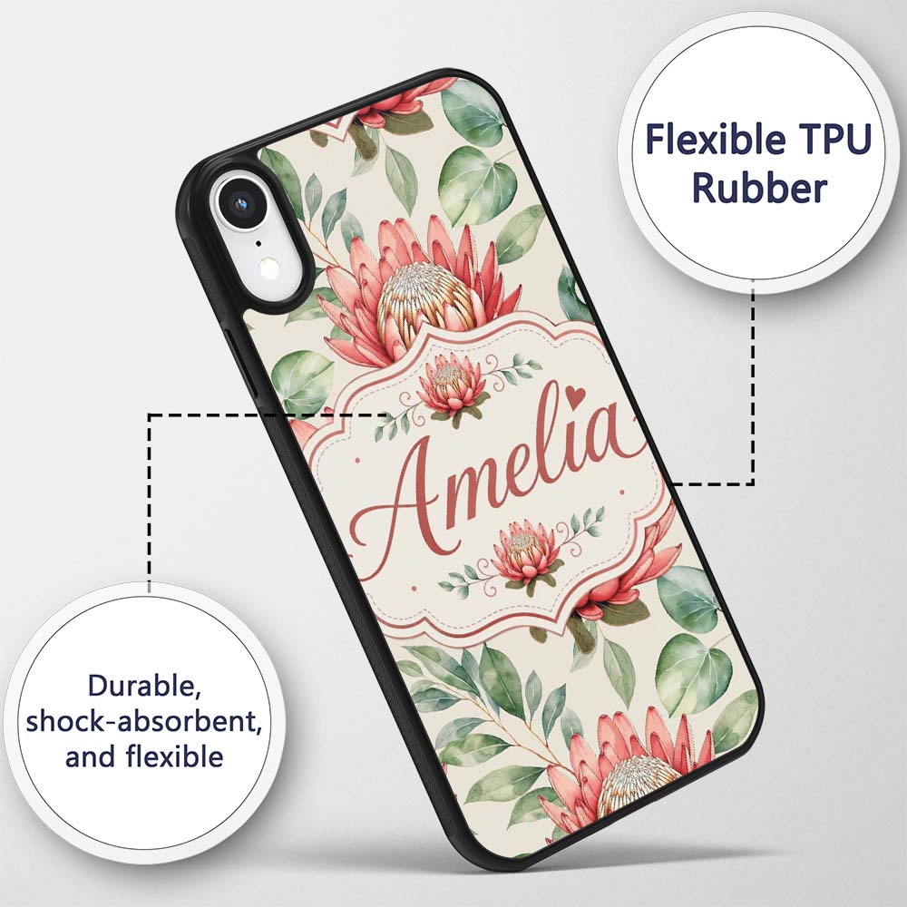 Coral Protea Flowers with Green Leaves Seamless Custom Name Protective Phone Case Mobile Cover Durable Everyday Smartphone Shock Resistant