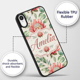 Coral Protea Flowers with Green Leaves Seamless Custom Name Protective Phone Case Mobile Cover Durable Everyday Smartphone Shock Resistant