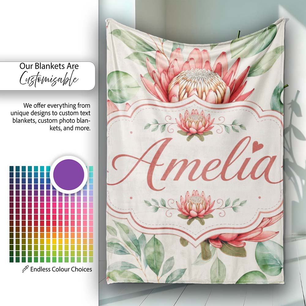 Coral Protea Flowers with Green Leaves Seamless Botanical Pattern  Personalised Custom Name Super Soft Fleece Blanket Bed Sofa Throw