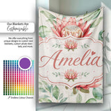 Coral Protea Flowers with Green Leaves Seamless Botanical Pattern  Personalised Custom Name Super Soft Fleece Blanket Bed Sofa Throw