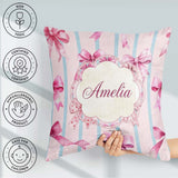 Custom Name Watercolor Pink Ribbon Bow Pattern with Blue Stripes Square Filled Cushion Throw Pillow Sofa Bed Home Decor Zip Washable UK Made