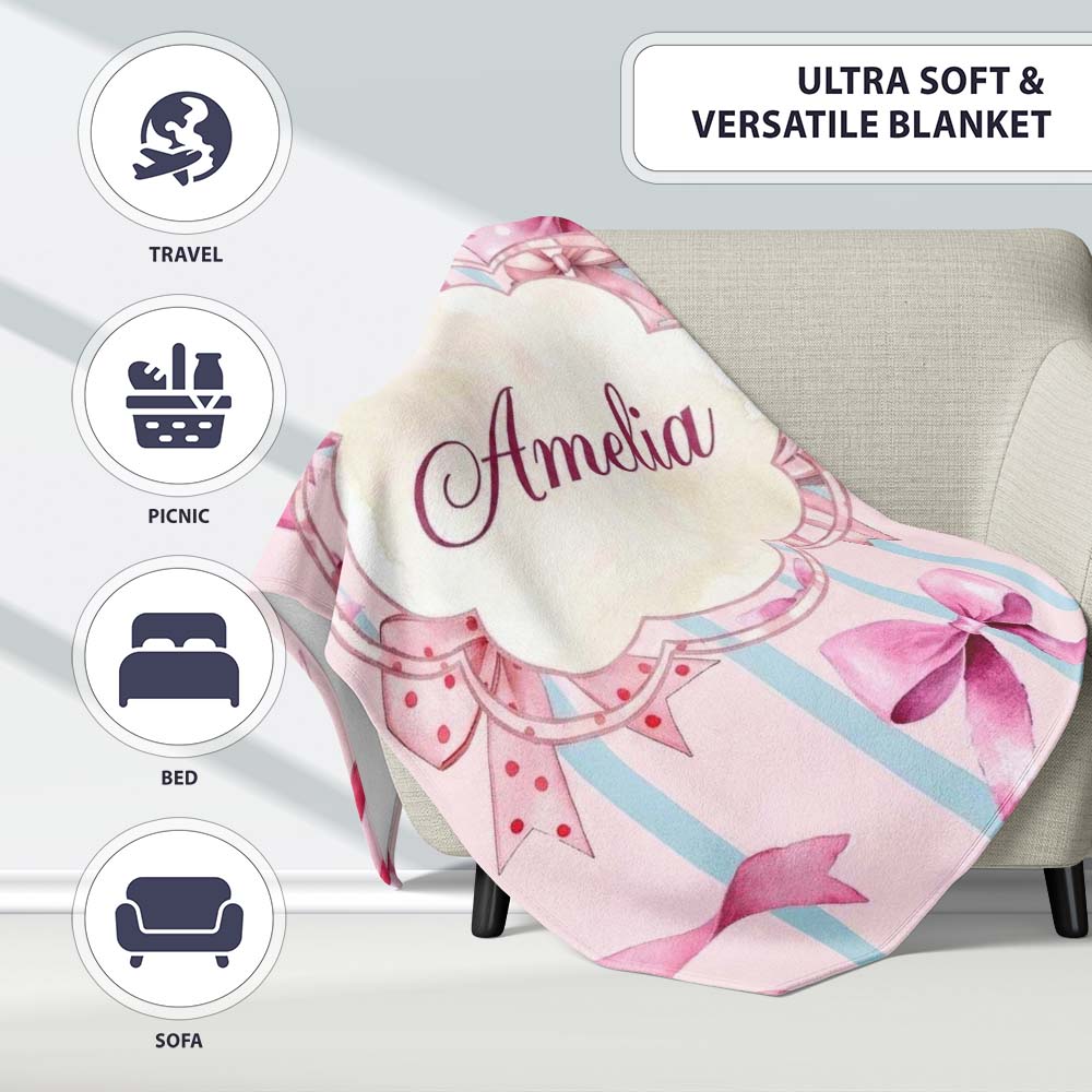 Watercolor Pink Ribbon Bow Seamless Pattern with Blue Stripes Lovely  Personalised Custom Name Super Soft Fleece Blanket Bed Sofa Throw