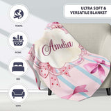 Watercolor Pink Ribbon Bow Seamless Pattern with Blue Stripes Lovely  Personalised Custom Name Super Soft Fleece Blanket Bed Sofa Throw