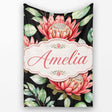 Coral Protea Flowers on Black Background Seamless Botanical Pattern  Personalised Custom Name Super Soft Fleece Blanket Bed Sofa Throw
