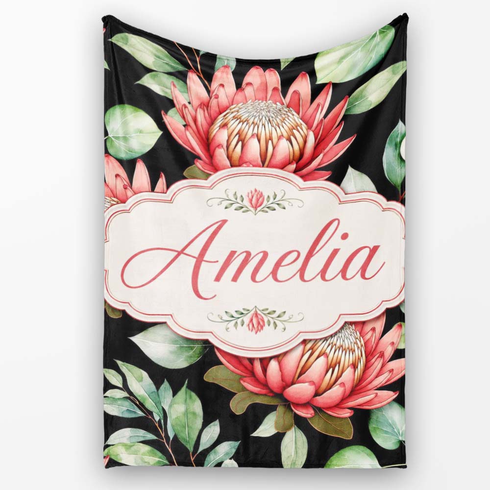 Coral Protea Flowers on Black Background Seamless Botanical Pattern  Personalised Custom Name Super Soft Fleece Blanket Bed Sofa Throw