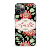 Coral Protea Flowers on Black Background Seamless Custom Name Protective Phone Case Mobile Cover Durable Everyday Smartphone Shock Resistant