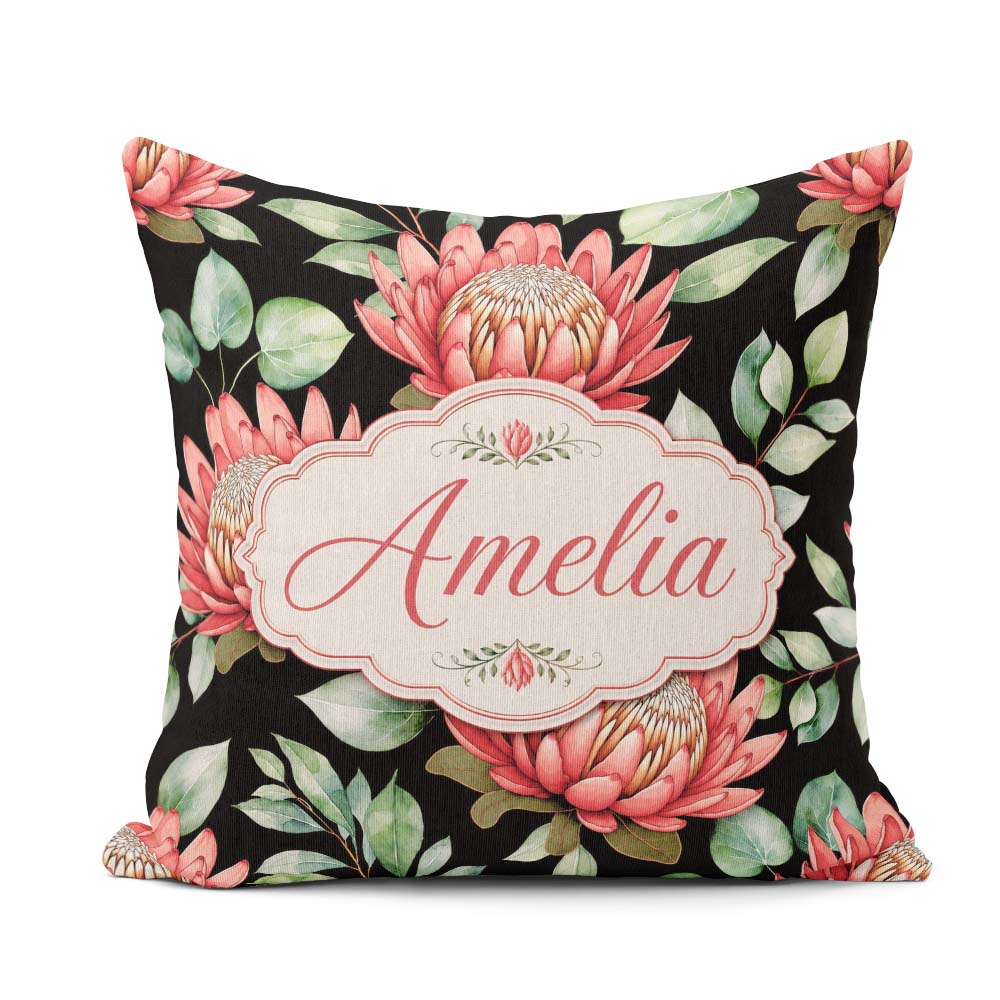 Custom Name Coral Flowers on Black Background Seamless Botanical Square Filled Cushion Throw Pillow Sofa Bed Home Decor Zip Washable UK Made