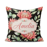 Custom Name Coral Flowers on Black Background Seamless Botanical Square Filled Cushion Throw Pillow Sofa Bed Home Decor Zip Washable UK Made