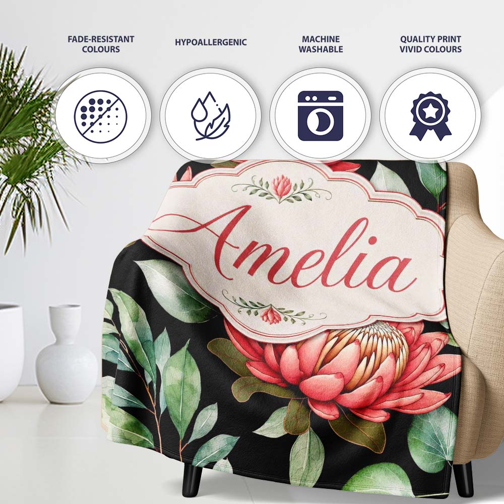 Coral Protea Flowers on Black Background Seamless Botanical Pattern  Personalised Custom Name Super Soft Fleece Blanket Bed Sofa Throw