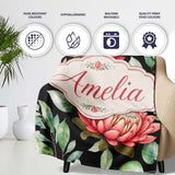 Coral Protea Flowers on Black Background Seamless Botanical Pattern  Personalised Custom Name Super Soft Fleece Blanket Bed Sofa Throw