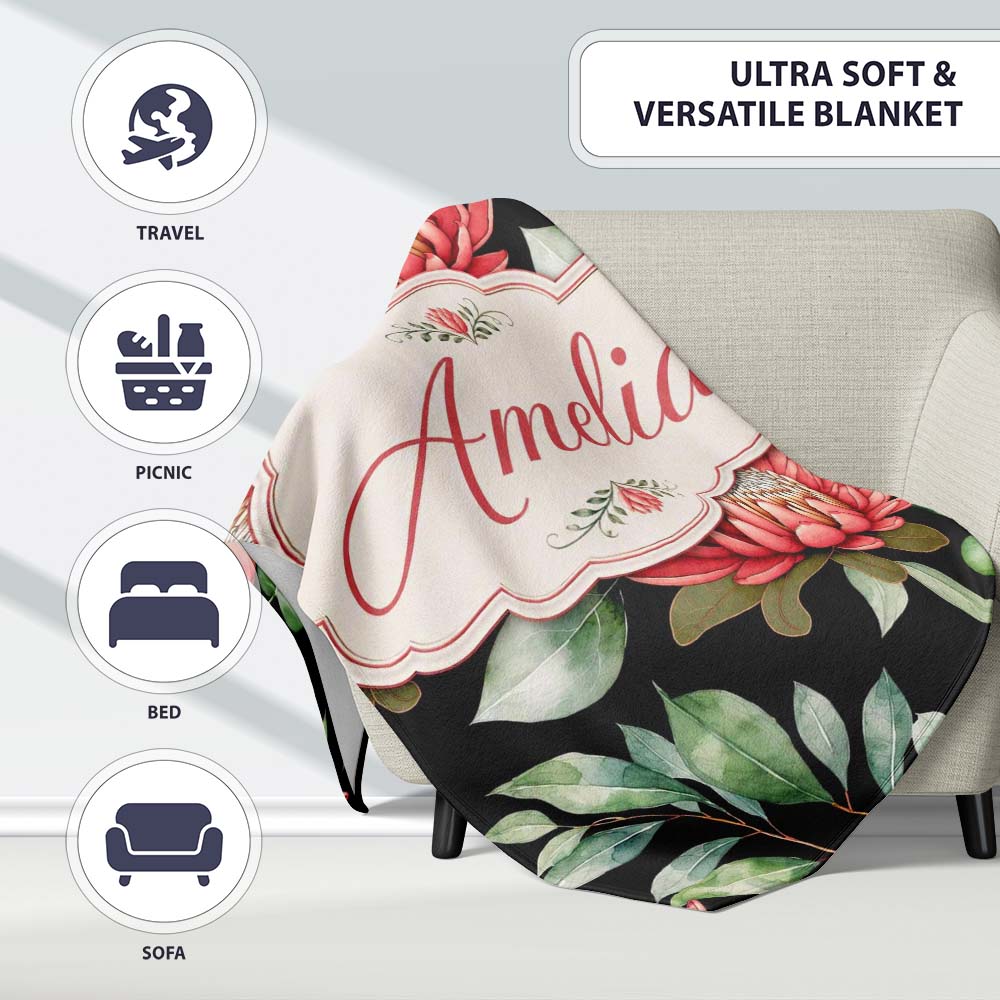 Coral Protea Flowers on Black Background Seamless Botanical Pattern  Personalised Custom Name Super Soft Fleece Blanket Bed Sofa Throw